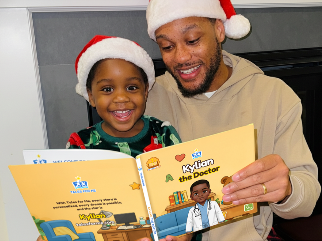 Father and son sharing a Tales for Me personalized storybook